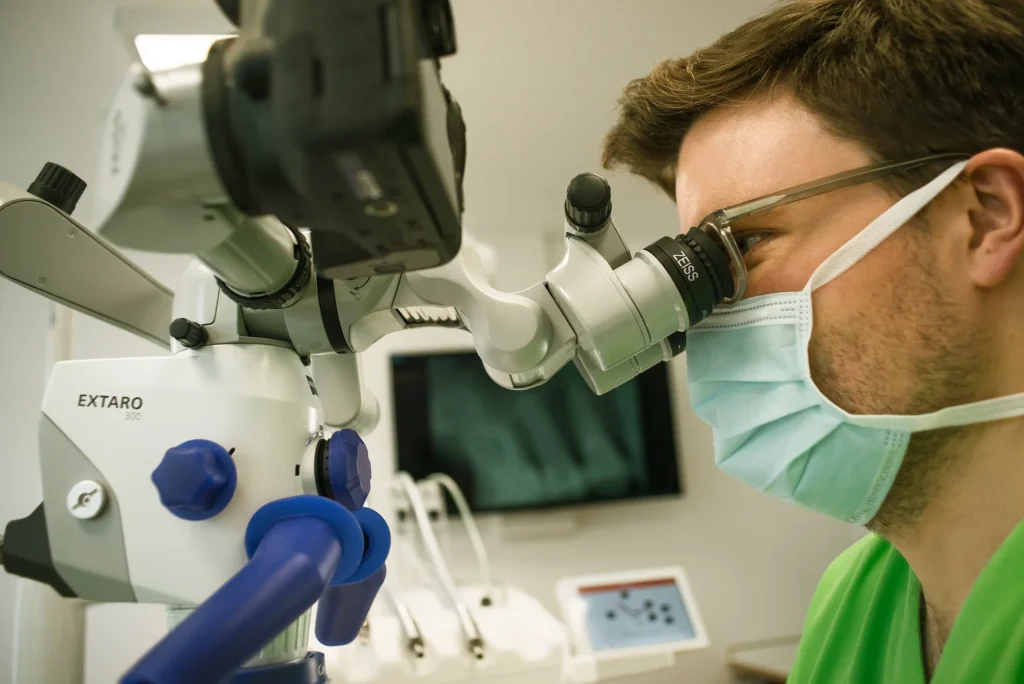 Endodontologe Dr. Morlock bei mikroskopischer Wurzelbehandlung in Mainz